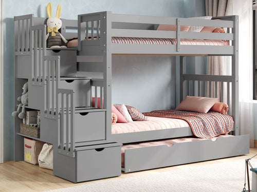 Bunk Beds Tall Twin over Twin Stairway + Trundle, Gray