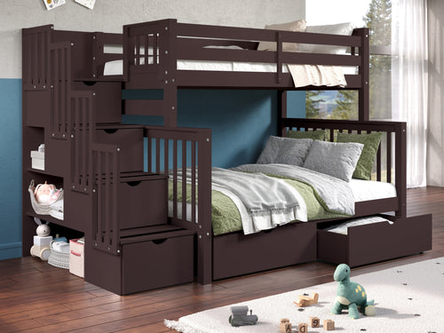Bunk Beds Twin Full Stairway + 2 Drawers, Dark Cherry