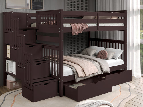 Bunk Beds Full over Full Stairway, 2 Drawers, Dark Cherry