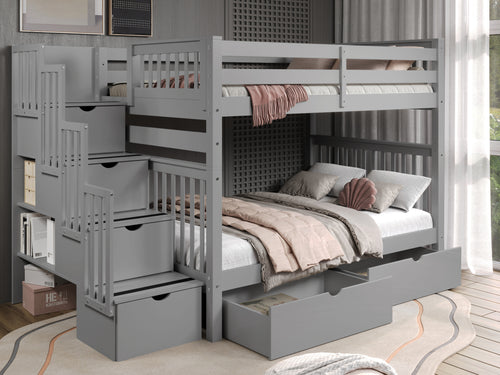 Bunk Beds Full over Full Stairway + 2 Drawers, Gray