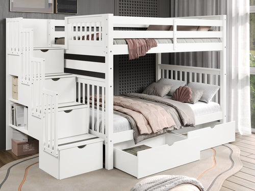 Bunk Beds Full over Full Stairway + 2 Drawers, White