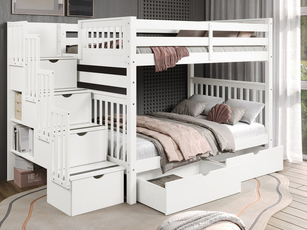 This Full over Full  Bunk Bed with Stairs with 2 Under Bed Drawers in White  will look great in your child's bedroom This Full over Full  Bunk Bed with Stairs with 2 Under Bed Drawers in White  will look great in your child's bedroom