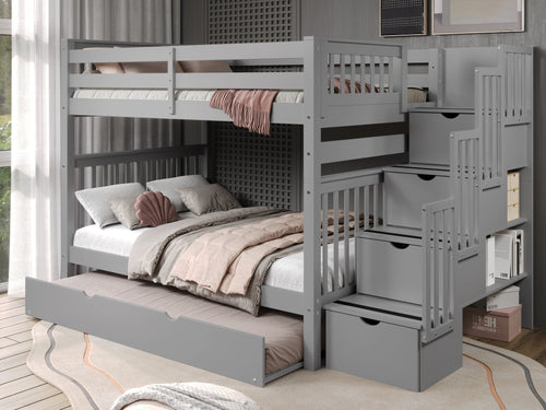 Bunk Beds Full over Full Stairway + Full Trundle Gray