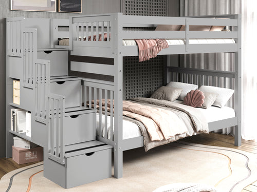 Bunk Beds Full over Full Stairway, Gray