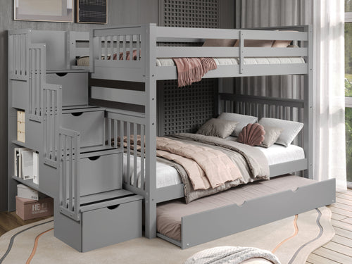 Bunk Beds Full over Full Stairway + Twin Trundle Gray