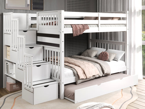 Bunk Beds Full over Full Stairway + Twin Trundle White