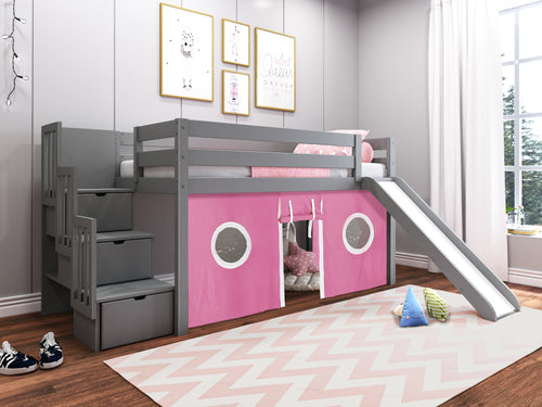 Twin Low Loft Bed 3 Step Stairway and Slide, Gray