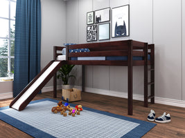 This Low Loft Bed with a ladder and slide in dark cherry will look great in your kids room
