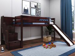 Low Loft Bed with Stairway and Slide in Cherry $448