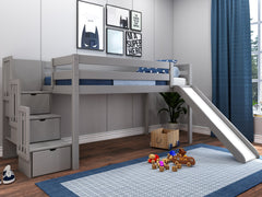 Low Loft Bed with Stairway and Slide in Gray $449