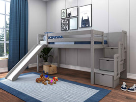 This Low Loft Bed with a stairway and slide in gray will look great in your kids room