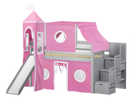 Princess Twin Low Loft Gray Stairway Bed with Pink and White Tent and a Slide for only $598