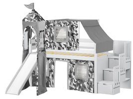Castle Twin Low Loft Gray Stairway Bed with a Gray Camo Tent with a Slide for only $698