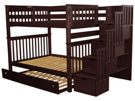 Full over Full Bunk Bed Stairway in Dark Cherry with Full Trundle