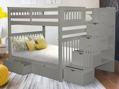 This Full over Full Stairway Bunk Bed with Two Under Bed Drawers in Gray will look great in your home