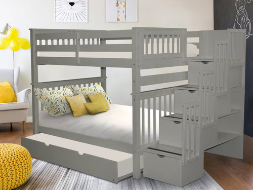 Bunk Beds Full over Full Stairway + Twin Trundle Gray