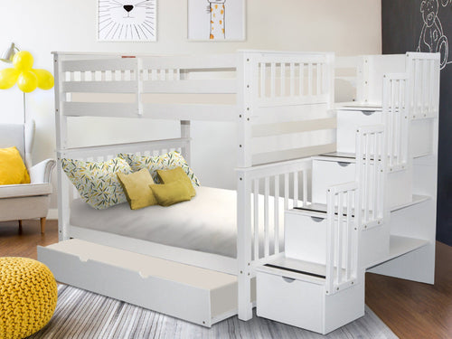 Bunk Beds Full over Full Stairway + Twin Trundle White