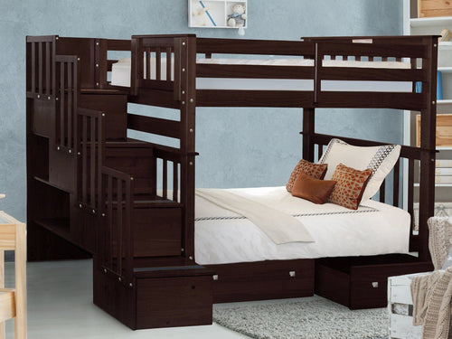 Bunk Beds Tall Twin over Twin Stairway + Drawers Dark Cherry