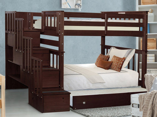 Bunk Beds Tall Twin over Twin Stairway + Trundle Dark Cherry