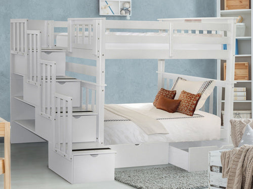 Bunk Beds Tall Twin over Twin Stairway + Drawers, White