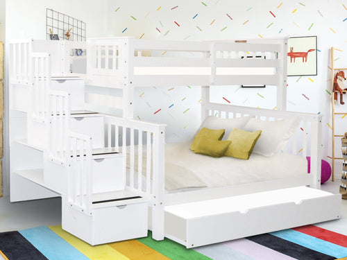 Bunk Beds Twin over Full Stairway + Twin Trundle, White