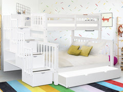 This Twin over Full Stairway Bunk Bed with a Twin Trundle in White will look great in your home