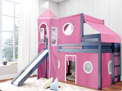 This Low Loft Princess Bed in Blue with a Pink and White Tent will look great in your Home