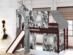 This Low Loft Castle Bed in Cherry with a Gray Camo Tent will look great in your Home