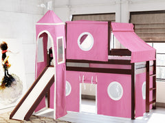 This Low Loft Princess Bed in Cherry with a Pink and White Tent will look great in your Home