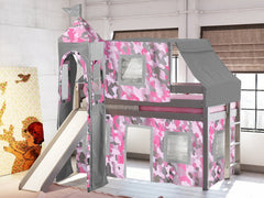This Low Loft Princess Bed in Gray with a Pink Camo Tent will look great in your Home