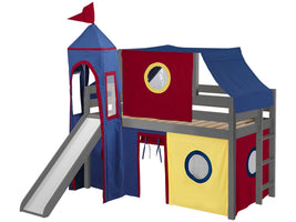 Castle Twin Low Loft Gray End Ladder Bed with a Red and Blue Tent and a Slide for only $399