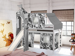 This Low Loft Castle Bed in White with a Gray Camo Tent will look great in your Home