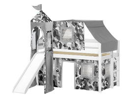 Castle Twin Low Loft White End Ladder Bed with a Gray Camo Tent and a Slide for only $499