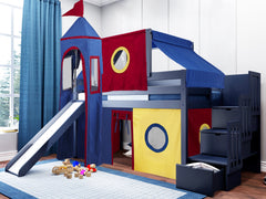 This Low Loft Castle Bed with a Stairway in Blue with a Red, Blue & Yellow Tent will look great in your Home