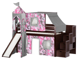 Princess Twin Low Loft Cherry Stairway Bed with Pink Camo Tent and a Slide for only $498