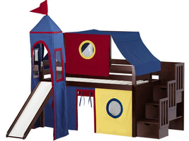 Castle Twin Low Loft Cherry Stairway Bed with Red Yellow and Blue Tent with a Slide for only $698