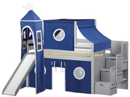 Castle Twin Low Loft Gray Stairway Bed with Blue and White Tent and a Slide for only $598