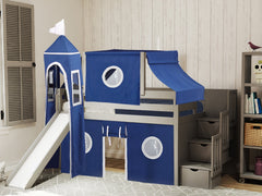 This Low Loft Castle Stairway Bed in Gray with a Blue and White Tent will look great in your Home