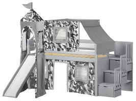 Castle Twin Low Loft Gray Stairway Bed with Gray Camo Tent and a Slide for only $598