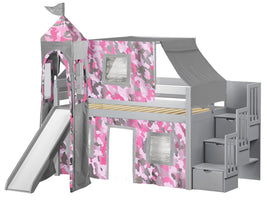 Princess Twin Low Loft Gray Stairway Bed with Pink Camo Tent and a Slide for only $498