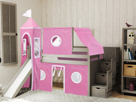 This Low Loft Princess Stairway Bed in Gray with a Pink and White Tent will look great in your Home