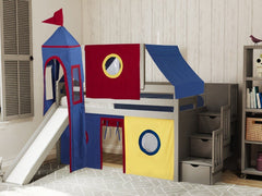This Low Loft Castle Stairway Bed in Gray with a Red, Blue and Yellow Tent will look great in your Home