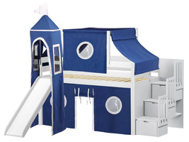 Castle Twin Low Loft White Stairway Bed with Blue and White Tent with a Slide for only $698