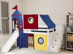 This Low Loft Castle Stairway Bed in White with a Red, Blue and Yellow Tent will look great in your Home