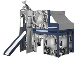 Castle Twin Low Loft Blue End Ladder Bed with a Gray Camo Tent and a Slide for only $499