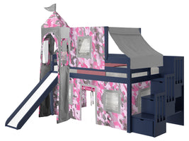 Princess Twin Low Loft Blue Stairway Bed with Pink Camo Tent and a Slide for only $498