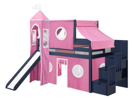 Princess Twin Low Loft Blue Stairway Bed with Pink and White Tent and a Slide for only $698