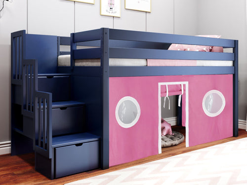 Twin Stairway Low Loft Bed in BLUE, Pink & White Tent