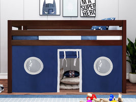JACKPOT! Twin Low Loft Contemporary Bed with Ladder, Cherry with Blue & White Tent for only $349