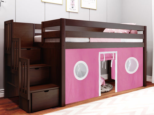 Twin Stairway Low Loft Bed in CHERRY, Pink & White Tent